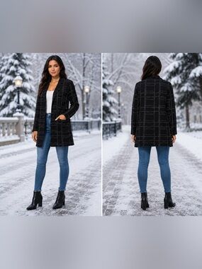 Max Studio Women’s Open Front Plaid Cardigan Sweater Black White Size Small Long